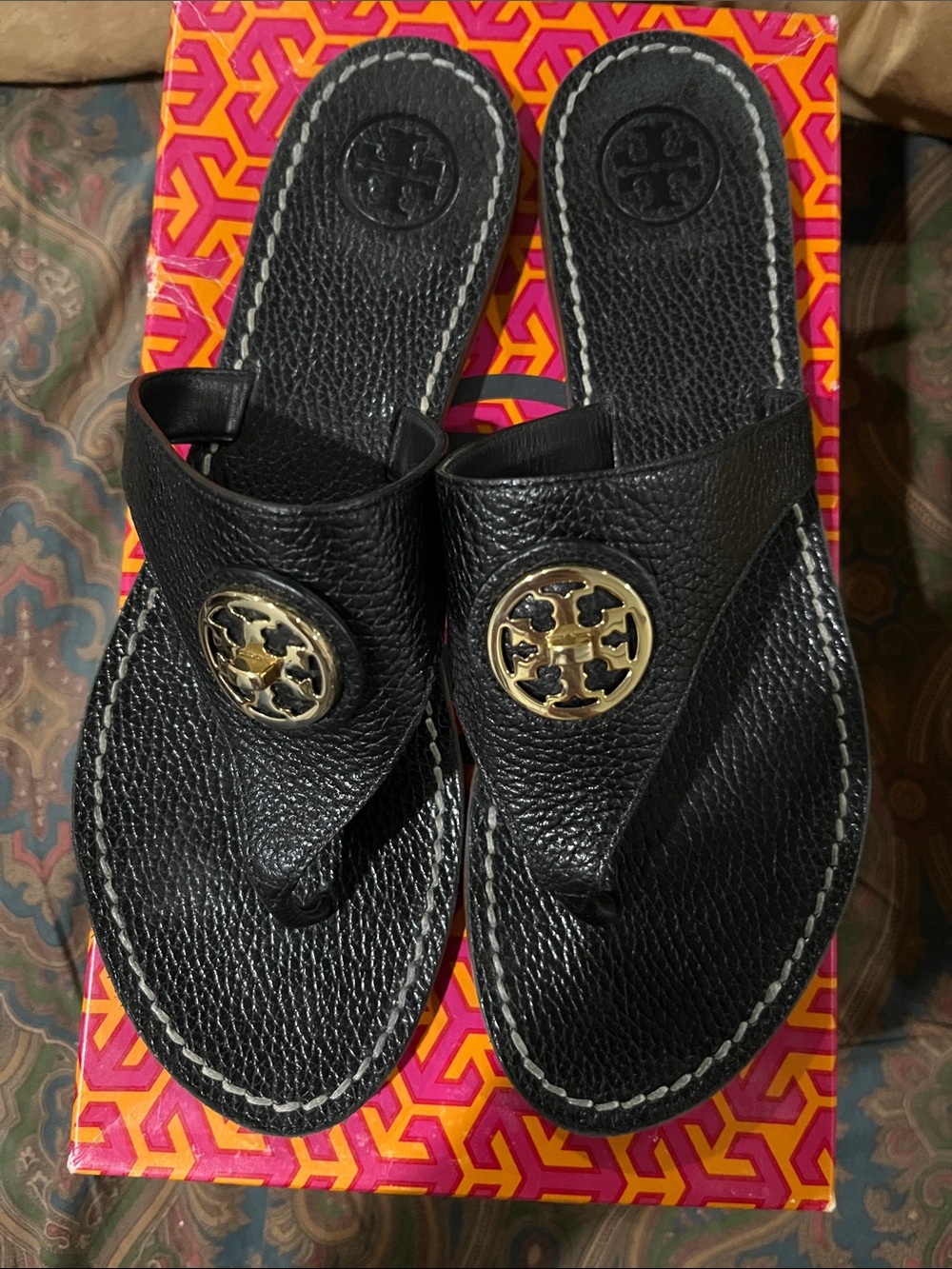 Tory Burch Black Leather Logo Thong Sandals with Gold Emblem